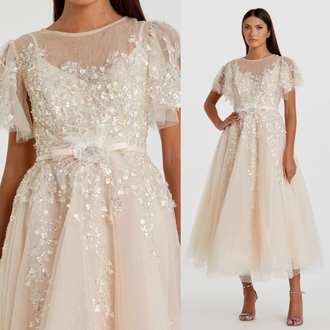 Mac Duggal New Beige Embellished Flutter Sleeve Bow Waist A Line Dress - Size 4
